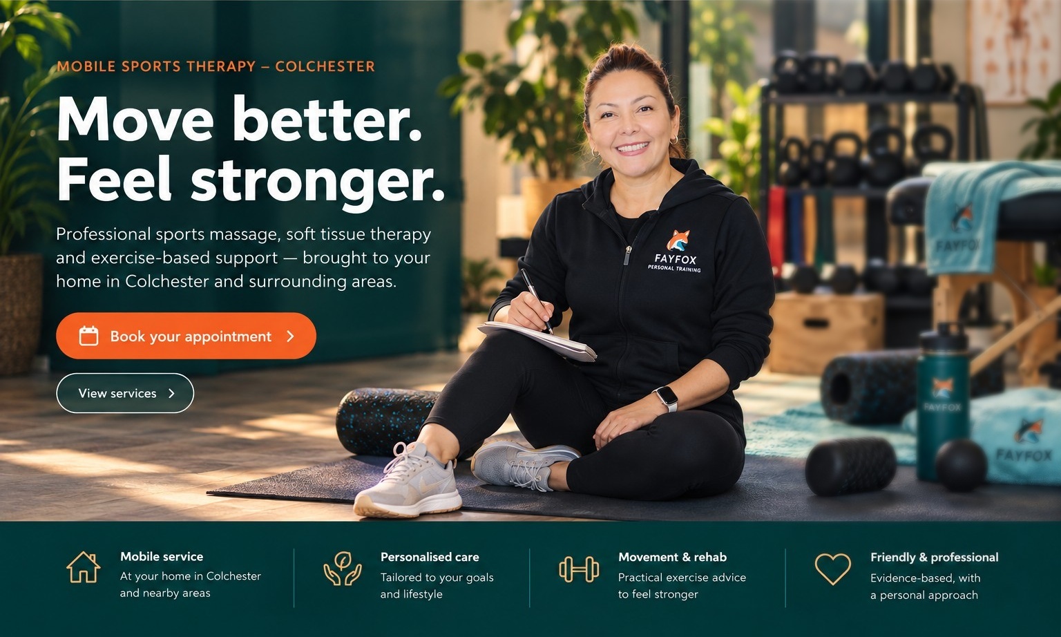 FAYFOX sports therapy and rehab: Move better, feel stronger. Fay in a fitness studio, offering mobile sports massage and exercise-based support in Colchester.