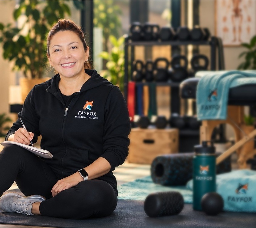 Fay in a fitness studio, smiling and holding a notebook
